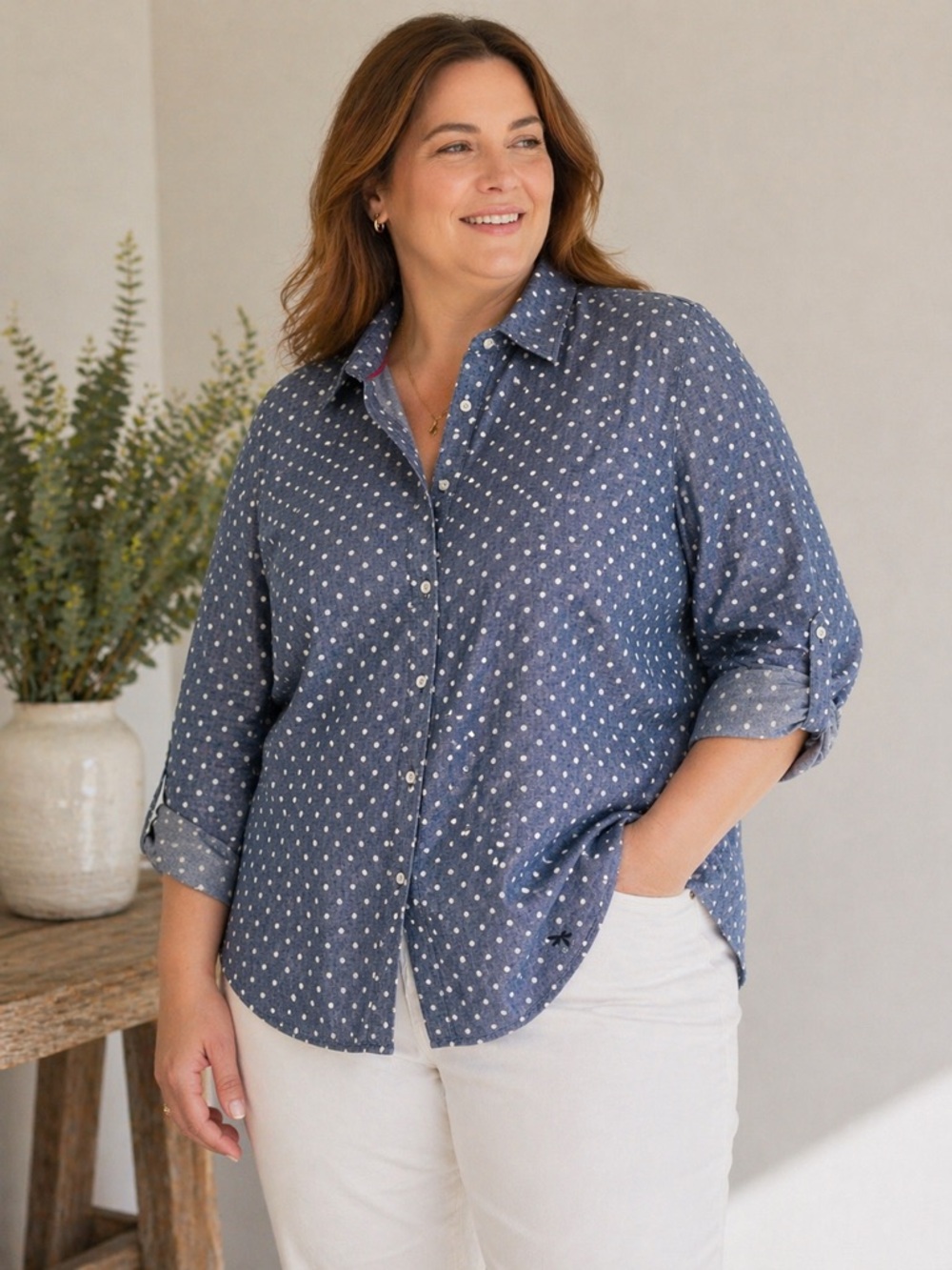 Talbots Chambray Polka Dot Button Down Shirt Dragonfly Detail 16W Cotton